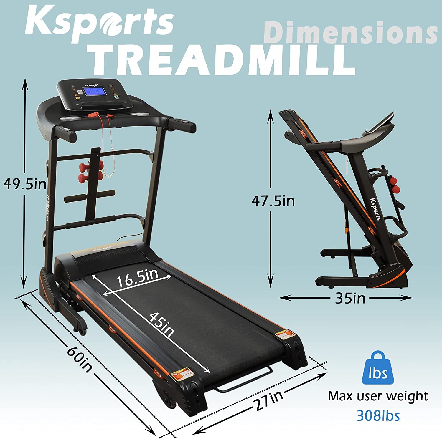 Ksports Treadmill Bundle | Electric Folding Incline Treadmill with Auto/Manual Incline, Sit Ups Rack/Strap & Ab Mat, Dumb Bells (Only for AEP & LJJ Models) | Running Machine with Bluetooth Smart APP