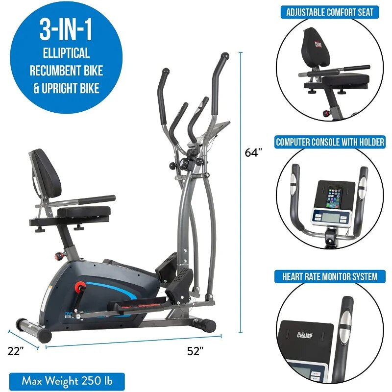 3-In-1 Elliptical Trainer, Magnetic Resistance, Heart Rate, Max. 250 Lbs