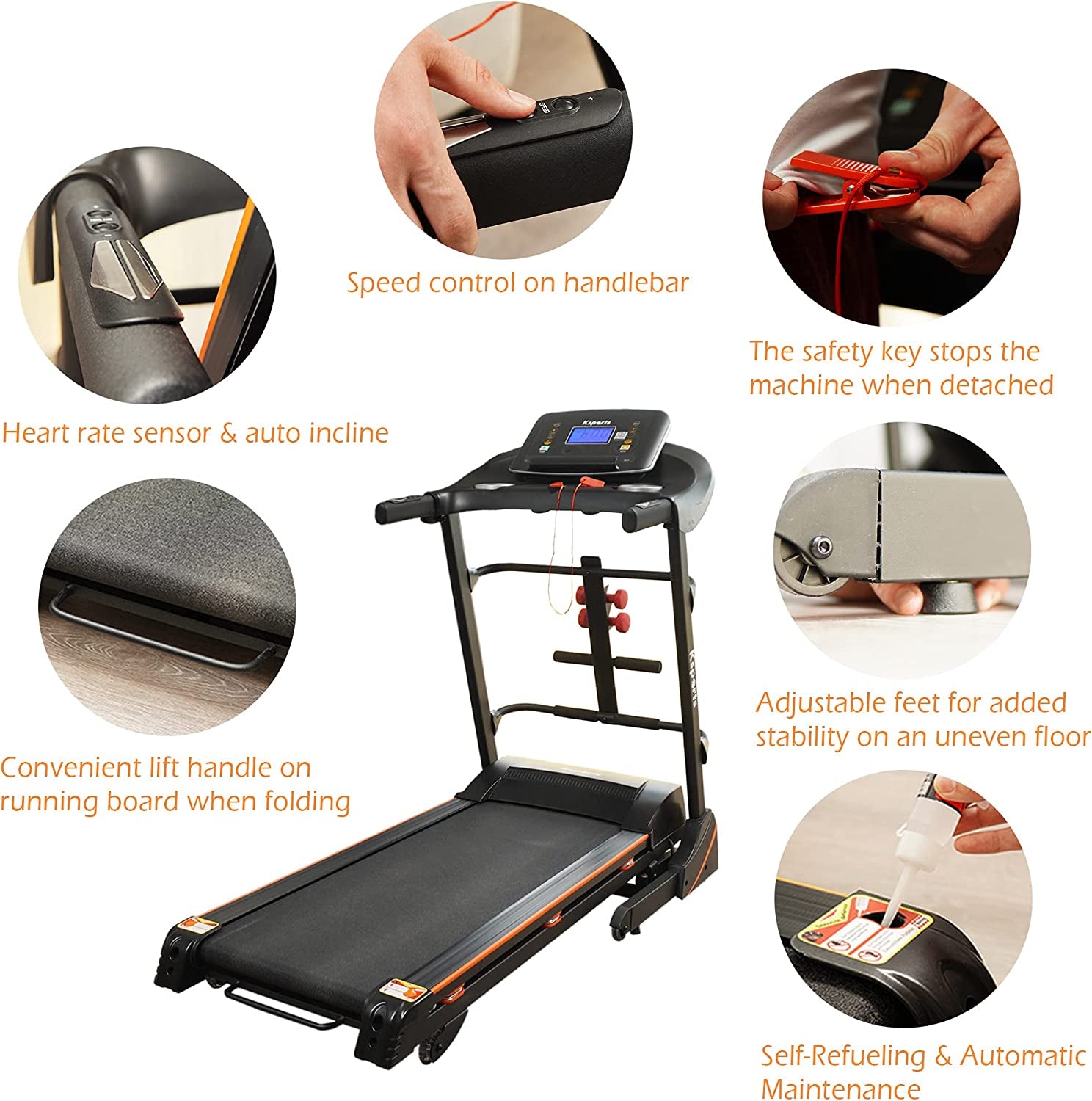 Ksports Treadmill Bundle | Electric Folding Incline Treadmill with Auto/Manual Incline, Sit Ups Rack/Strap & Ab Mat, Dumb Bells (Only for AEP & LJJ Models) | Running Machine with Bluetooth Smart APP